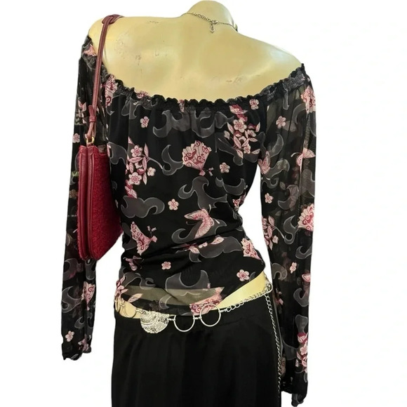 Y2K Sheer Mesh Top, Fairy Grunge Asian Floral Butterfly Mesh Top by INC - Picture 6 of 13